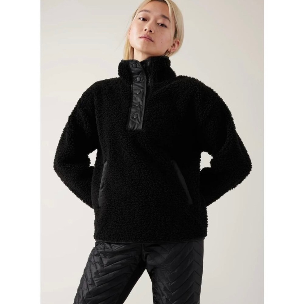 Athleta Black Sherpa Fleece Jacket Pullover Quilted Hem & Collar Black Women's M